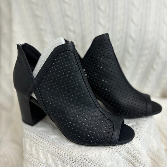 A.N.A. Tiana Perforated Laser Cut Ankle Open Toe Bootie Block Heel - 10M - BLACK - Picture 1 of 9